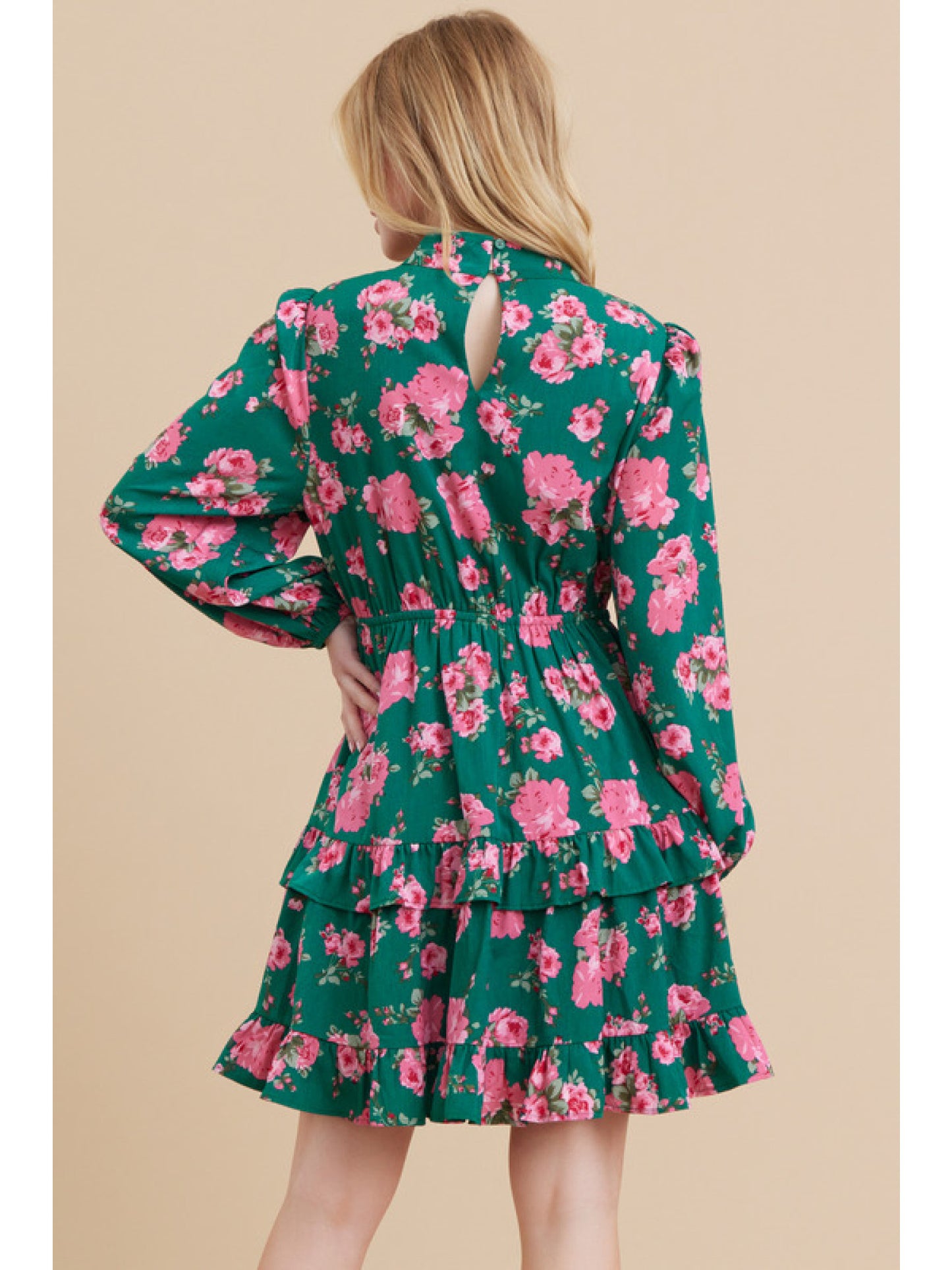 Green Flower Long Sleeve Dress