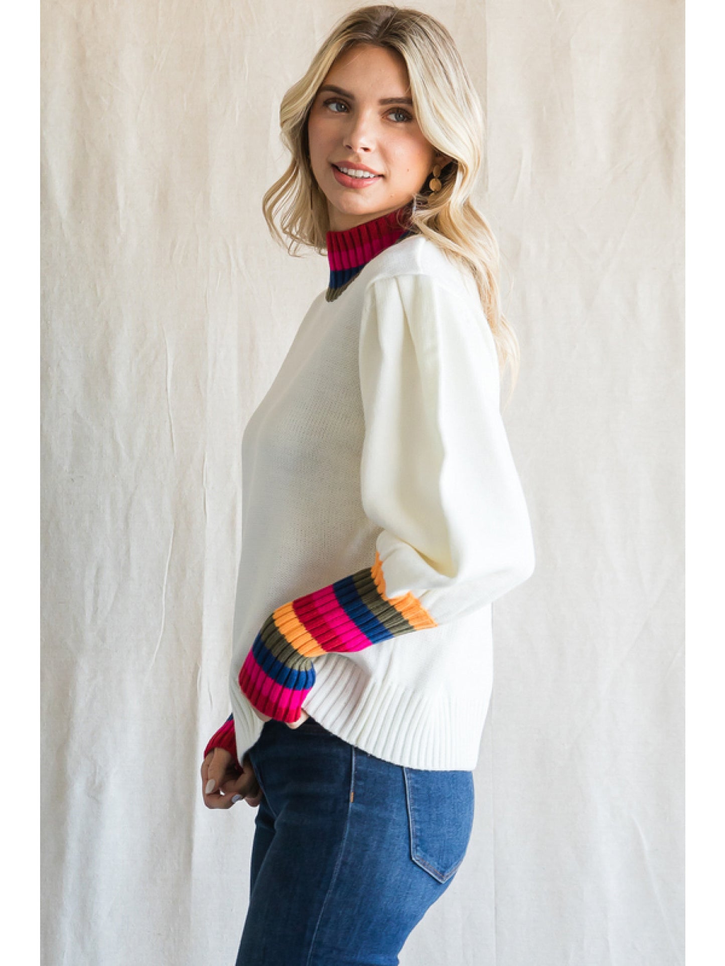 Colorful Mock Neck Ivory Sweater