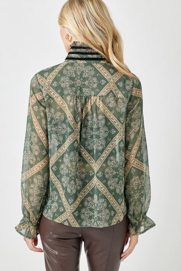 Tie Neck Button Down Blouse Olive