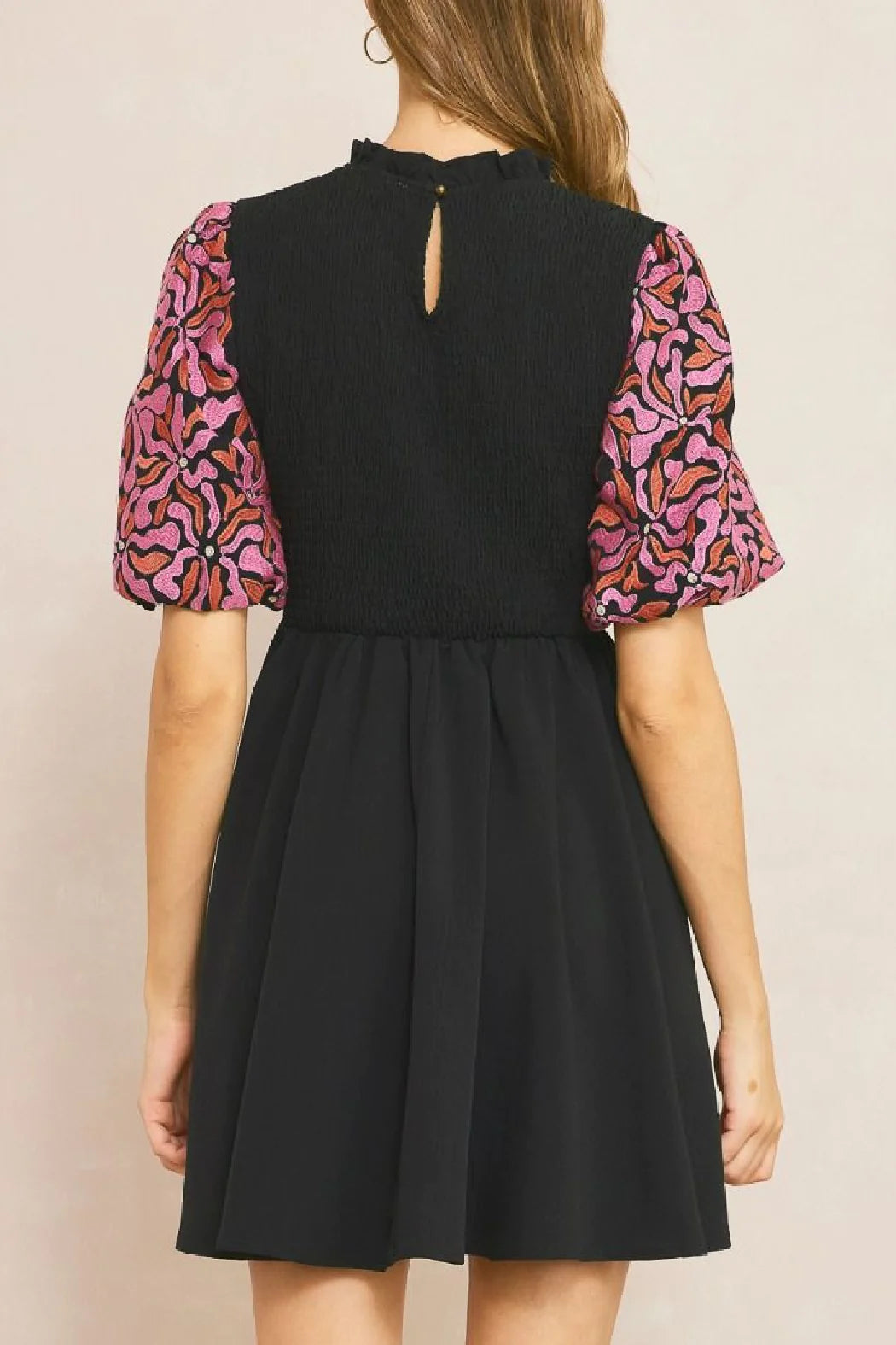 Stitched Puff Sleeve Dress Black