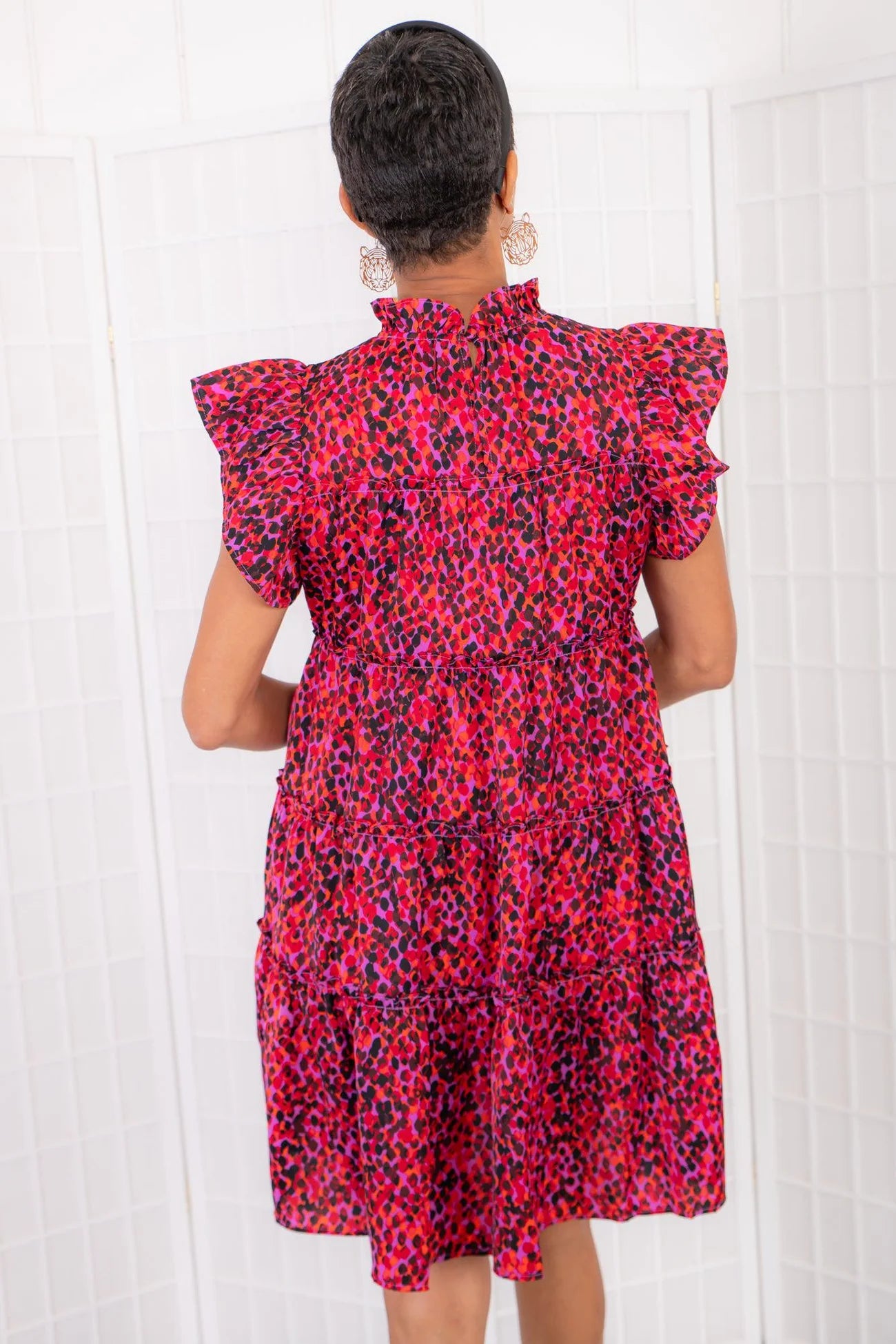 Flutter Sleeve Tiered Print Dress