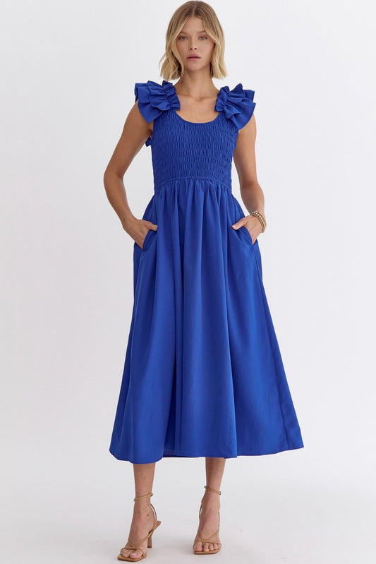 Sleeves Ruffle Midi Dress BLU